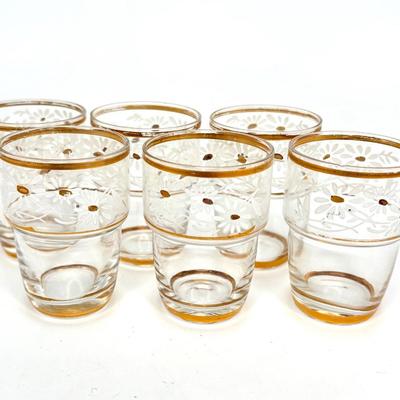 6 Vintage Belgium Hand Painted Gold and White Flower Shot Glasses