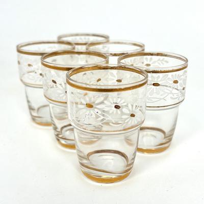 6 Vintage Belgium Hand Painted Gold and White Flower Shot Glasses
