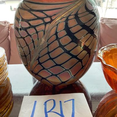 LR17-Imperial glass Marigold bowl, vintage plates, iridescent vase
