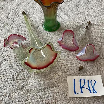 LR18-Glass Decor and Rare Antique Northwood Green Carnival Glass vase