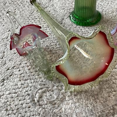 LR18-Glass Decor and Rare Antique Northwood Green Carnival Glass vase