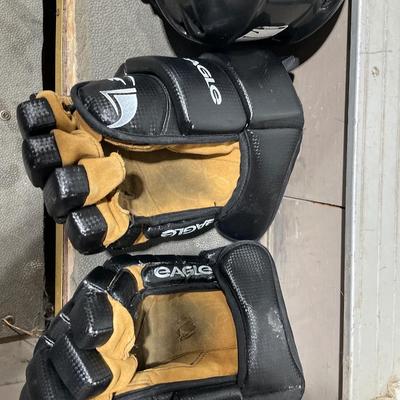 Hockey gloves, helmet and sticks