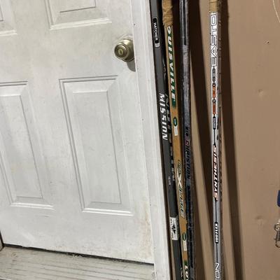 Hockey gloves, helmet and sticks