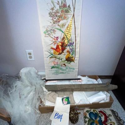 B14-Misc Lot-wedding veil, needlework banner, decor etc