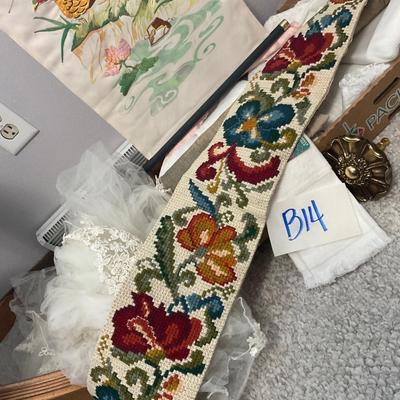 B14-Misc Lot-wedding veil, needlework banner, decor etc