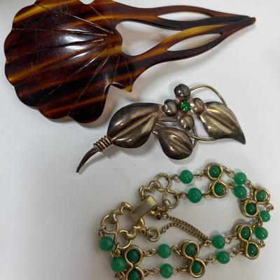 Very Retro JEWELRY LOT - Jade Goldette Bracelet, Monet Pin Tortoise hair pin, Atlas Brooch, & Shoe clip