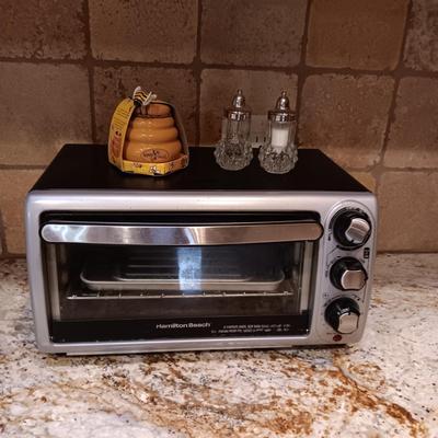 TOASTER OVEN, GLASS SHAKERS AND A HONEY POT