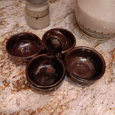 CLAY PITCHER, CONDIMENT SERVER AND POT