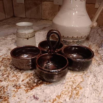 CLAY PITCHER, CONDIMENT SERVER AND POT