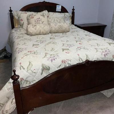B44-queen mattress, boxspring, headboard, footboard, and side rails plus bedding