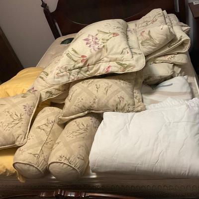 B44-queen mattress, boxspring, headboard, footboard, and side rails plus bedding