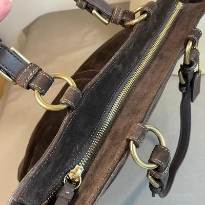 Sale Photo Thumbnail #73: New without tag but has dust cover and papers. Dark brown colored suede with  bronze glass bugle beaded trim. Excellent condition. Original retail over $300.