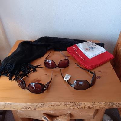 DANA BUCHMAN, STEVE MADDEN & ANOTHER PAIR OF LADIES SUNGLASSES PLUS 2 SCARVES