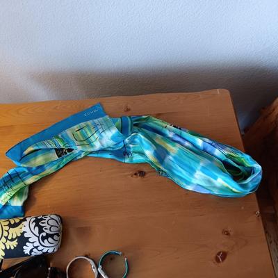 VERA BRADLEY AND 2 OTHER PAIRS OF LADIES SUNGLASSES, 2 WATCHES AND A SCARF