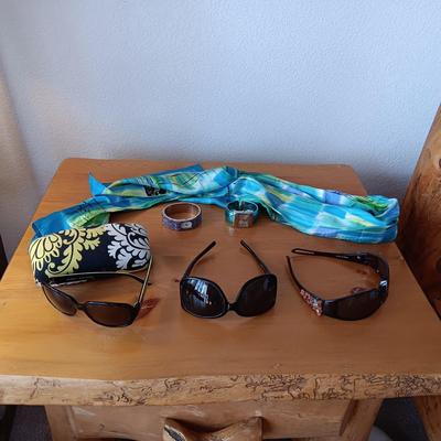VERA BRADLEY AND 2 OTHER PAIRS OF LADIES SUNGLASSES, 2 WATCHES AND A SCARF