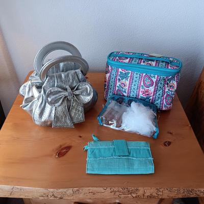 A SWEET SILVER PURSE, CLOTH WALLET AND MAKEUP BAG