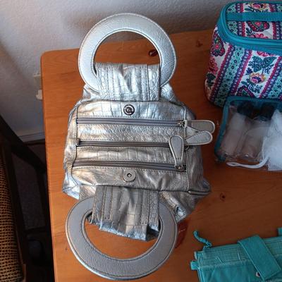 A SWEET SILVER PURSE, CLOTH WALLET AND MAKEUP BAG