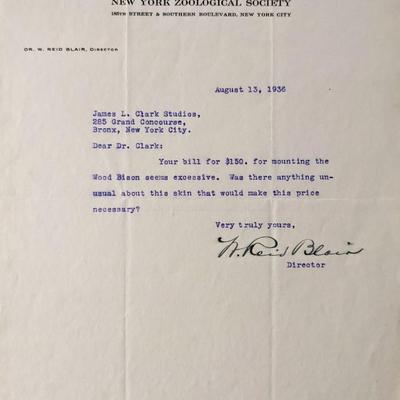 Zoologist William Reid Blair signed letter