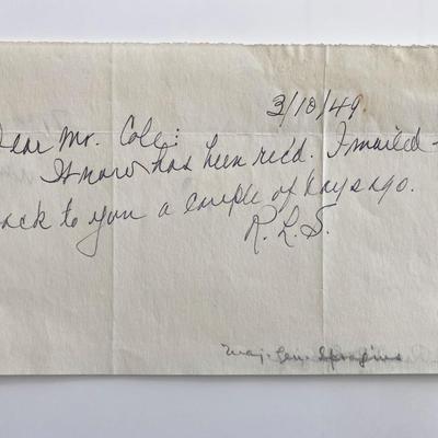 WWII Major General Robert R. Spragins Signed Hand Written Note