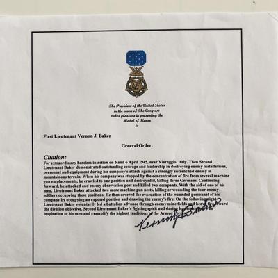 WWII First LT. Vernon J. Baker Signed Medal Of Honor Citation 
