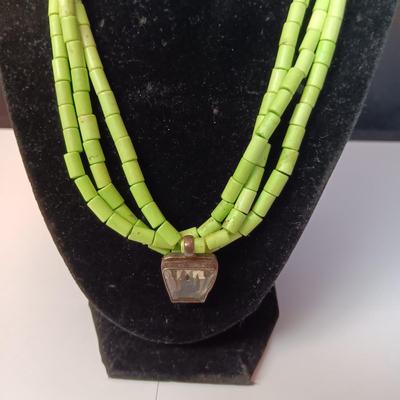 GASPEITE? MULTI STRAND NECKLACE WITH STERLING CLASP AND PENDANT