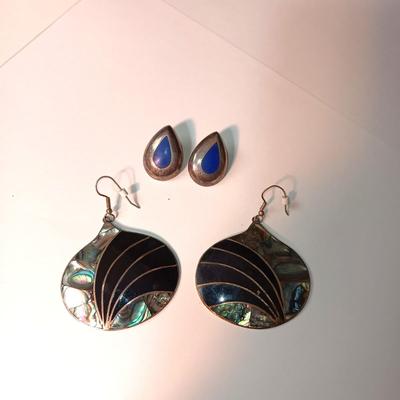 STERLING TEARDROP EARRINGS W/BLUE STONE AND ABALONE EARRINGS MARKED ALPACA MEXICO