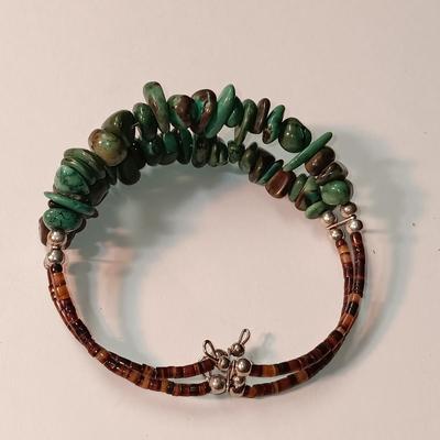 TURQUOISE BEADED BRACELET AND A STERLING SILVER WITH TURQUOISE STONE RING