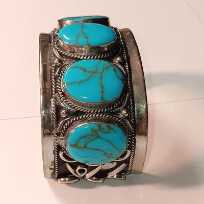 TURQUOISE LIKE STONES SET IN SILVER-TONE CUFF BRACELET