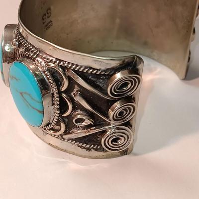 TURQUOISE LIKE STONES SET IN SILVER-TONE CUFF BRACELET