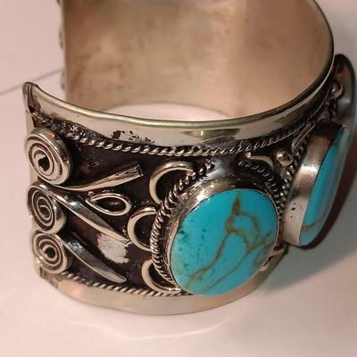 TURQUOISE LIKE STONES SET IN SILVER-TONE CUFF BRACELET