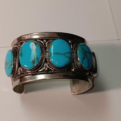 TURQUOISE LIKE STONES SET IN SILVER-TONE CUFF BRACELET