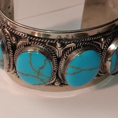 TURQUOISE LIKE STONES SET IN SILVER-TONE CUFF BRACELET