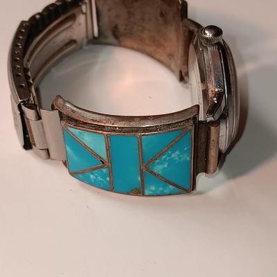 WORKING KINGSTON 17 JEWEL WATCH WITH A STERLING & TURQUOISE WATCH BAND