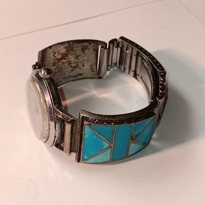 WORKING KINGSTON 17 JEWEL WATCH WITH A STERLING & TURQUOISE WATCH BAND