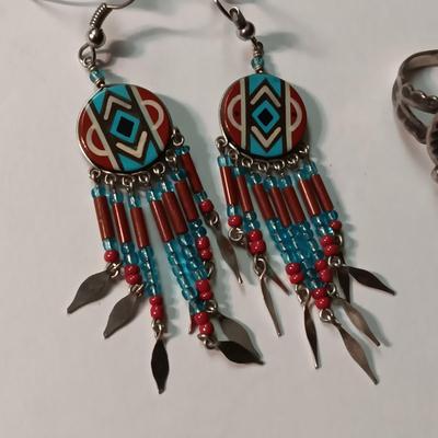 TURQUOISE AND STERLING RING PLUS 2 NATIVE AMERICAN INSPIRED EARRINGS