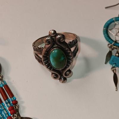 TURQUOISE AND STERLING RING PLUS 2 NATIVE AMERICAN INSPIRED EARRINGS