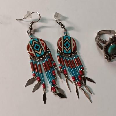 TURQUOISE AND STERLING RING PLUS 2 NATIVE AMERICAN INSPIRED EARRINGS