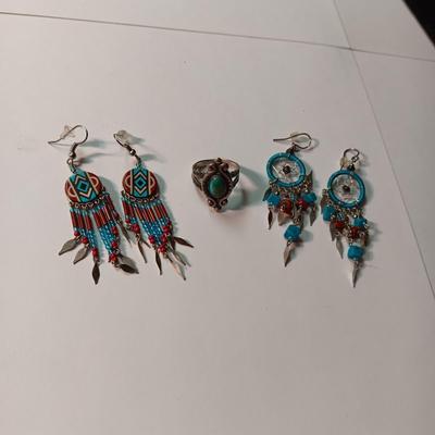 TURQUOISE AND STERLING RING PLUS 2 NATIVE AMERICAN INSPIRED EARRINGS