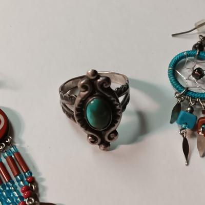 TURQUOISE AND STERLING RING PLUS 2 NATIVE AMERICAN INSPIRED EARRINGS