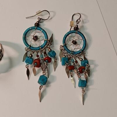 TURQUOISE AND STERLING RING PLUS 2 NATIVE AMERICAN INSPIRED EARRINGS