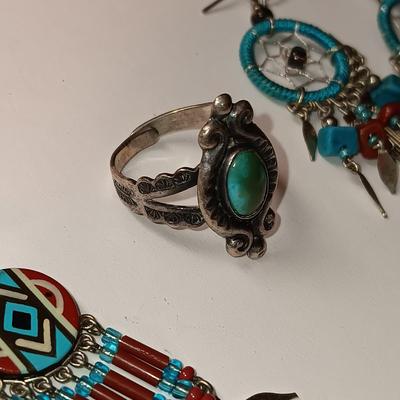 TURQUOISE AND STERLING RING PLUS 2 NATIVE AMERICAN INSPIRED EARRINGS