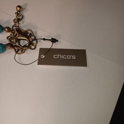 CHICO'S TURQUOISE COLORED NECKLACE AND 3 PAIRS OF EARRINGS