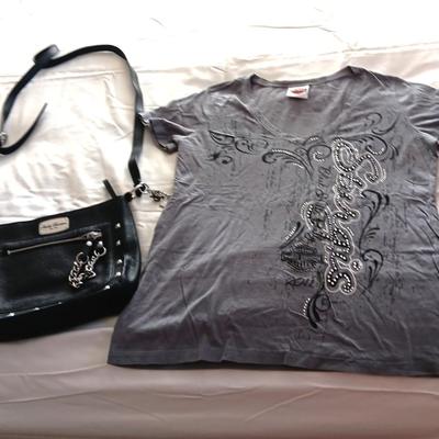 HARLEY DAVIDSON LEATHER PURSE AND LADIES LARGE SHIRT