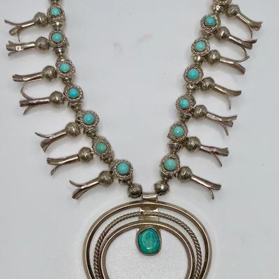 Vintage Native American Pawn Silver and Turquoise Squash Blossom Necklace