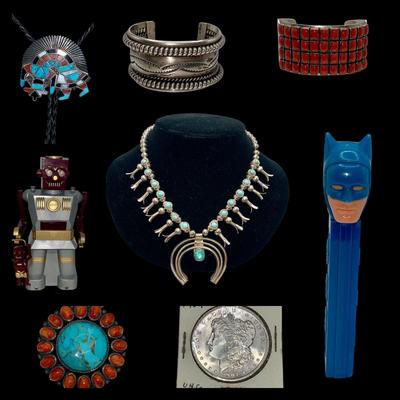 Vintage Native American Pawn Silver and Turquoise Squash Blossom Necklace