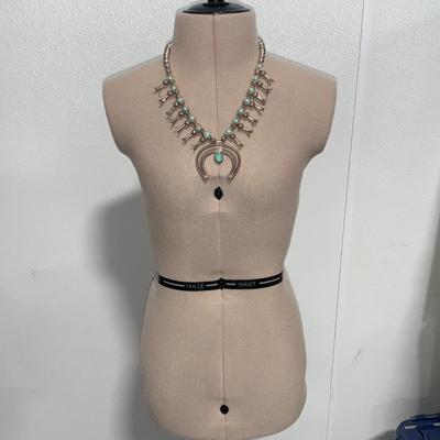 Vintage Native American Pawn Silver and Turquoise Squash Blossom Necklace