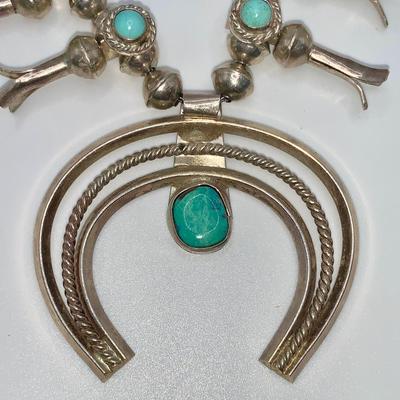 Vintage Native American Pawn Silver and Turquoise Squash Blossom Necklace