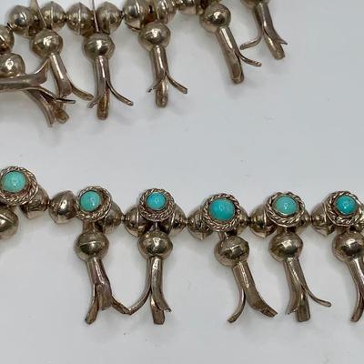 Vintage Native American Pawn Silver and Turquoise Squash Blossom Necklace