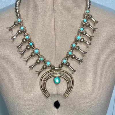 Vintage Native American Pawn Silver and Turquoise Squash Blossom Necklace