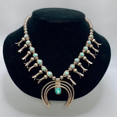 Vintage Native American Pawn Silver and Turquoise Squash Blossom Necklace